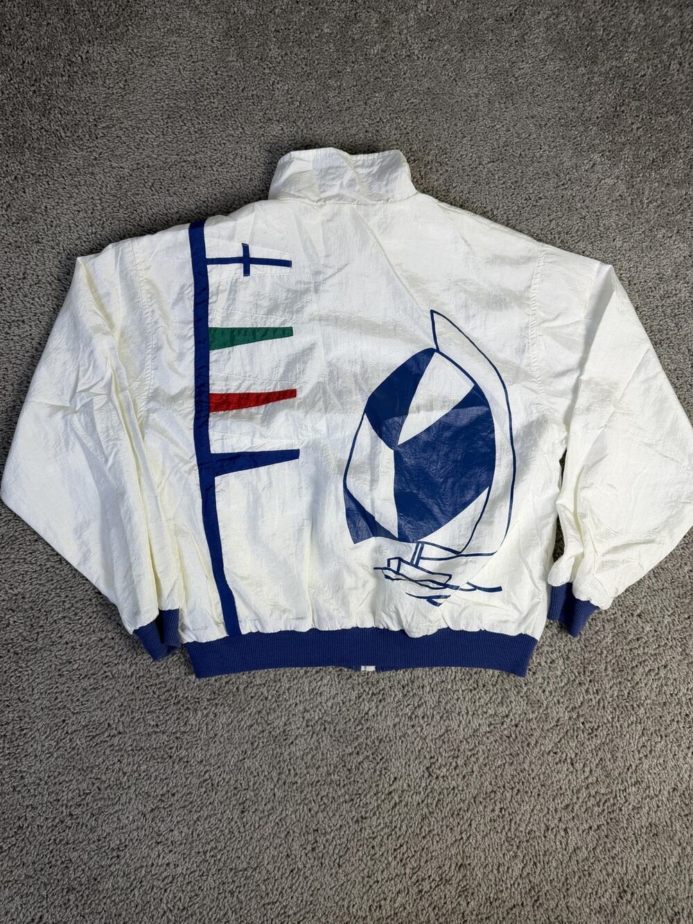 Vintage Sailing Jacket Mens L White Yacht Windbreaker Nautical Full Zip Pockets